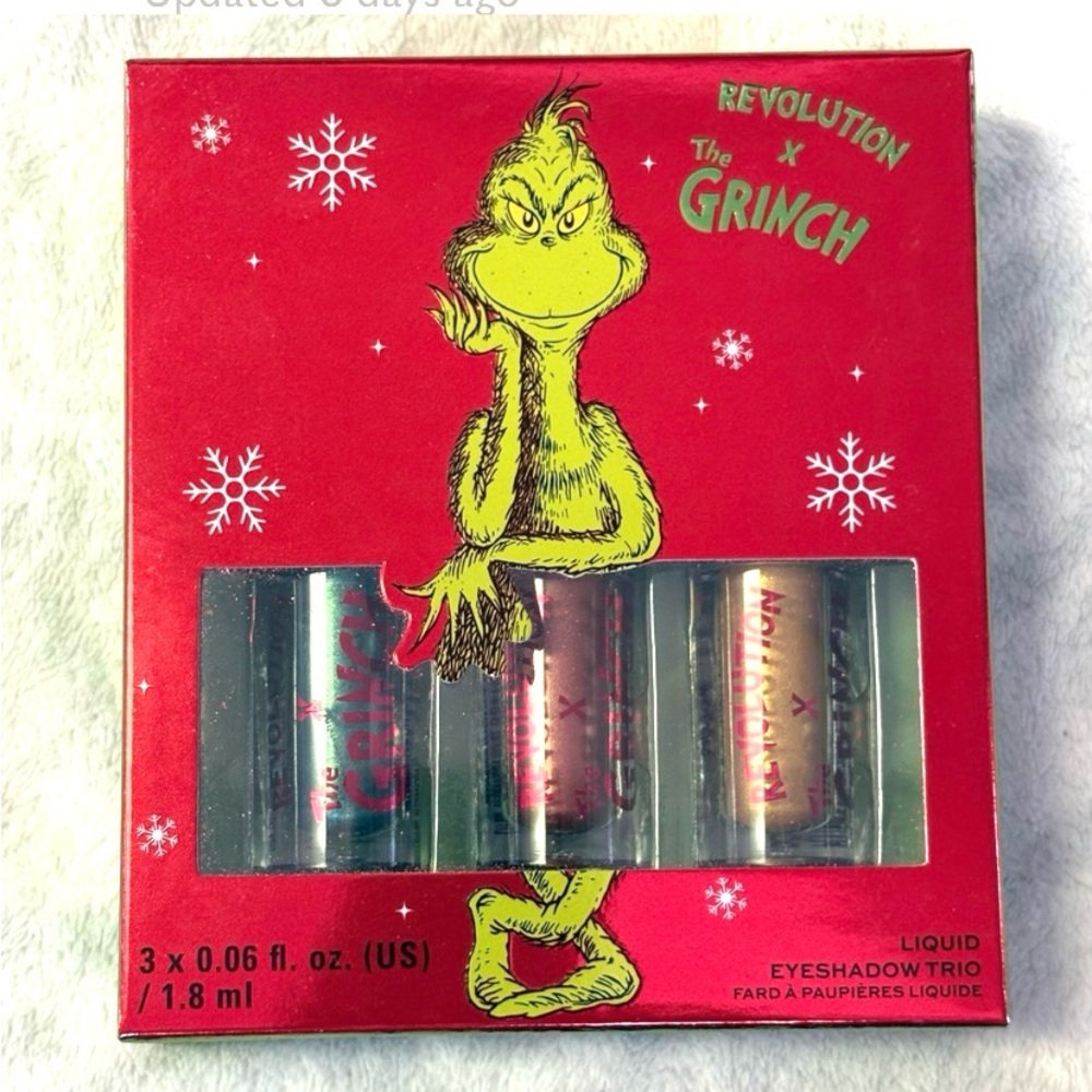 Revolution x Grinch Liquid Eyeshadow Set of 3 new in box gold green/blue maroon